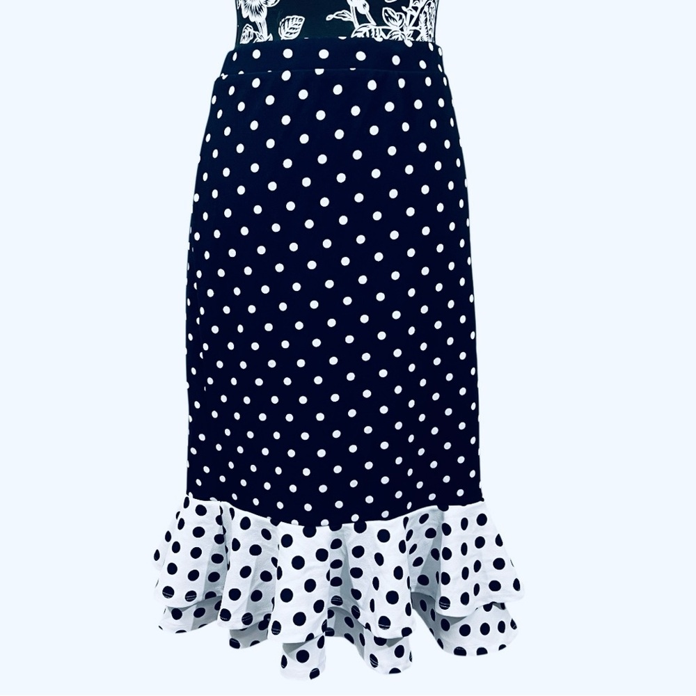 Cato Navy and White Polka Dot Midi Skirt with Ruffle Hem